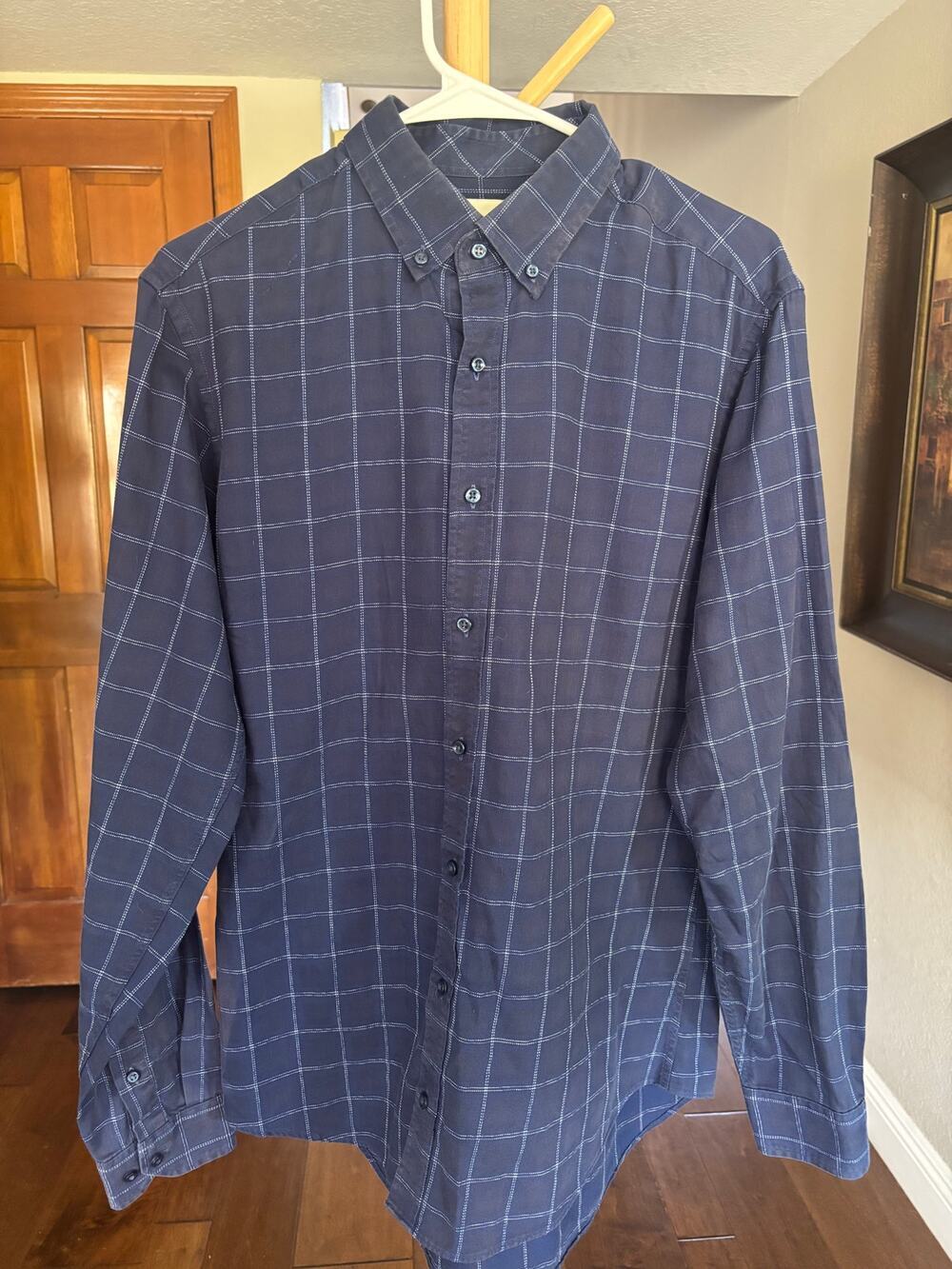 Ben Sherman Tailored Skinny Fit Navy Windowpane Shirt Mens 16 34-35 Long Sleeve